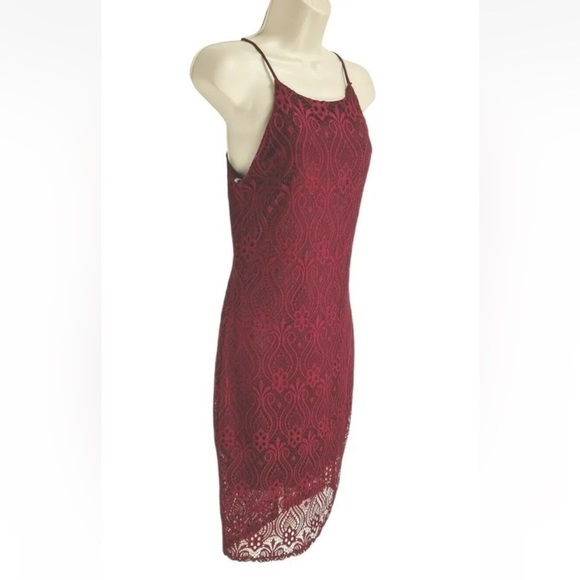 Olive Tree Maroon Red Halter Neck Lace Lined Bodycon Midi Dress Size Small - Picture 2 of 7